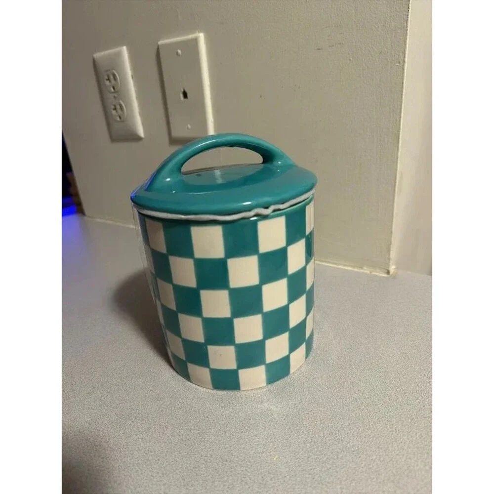 Blue plaid checkered jar with lid canister new